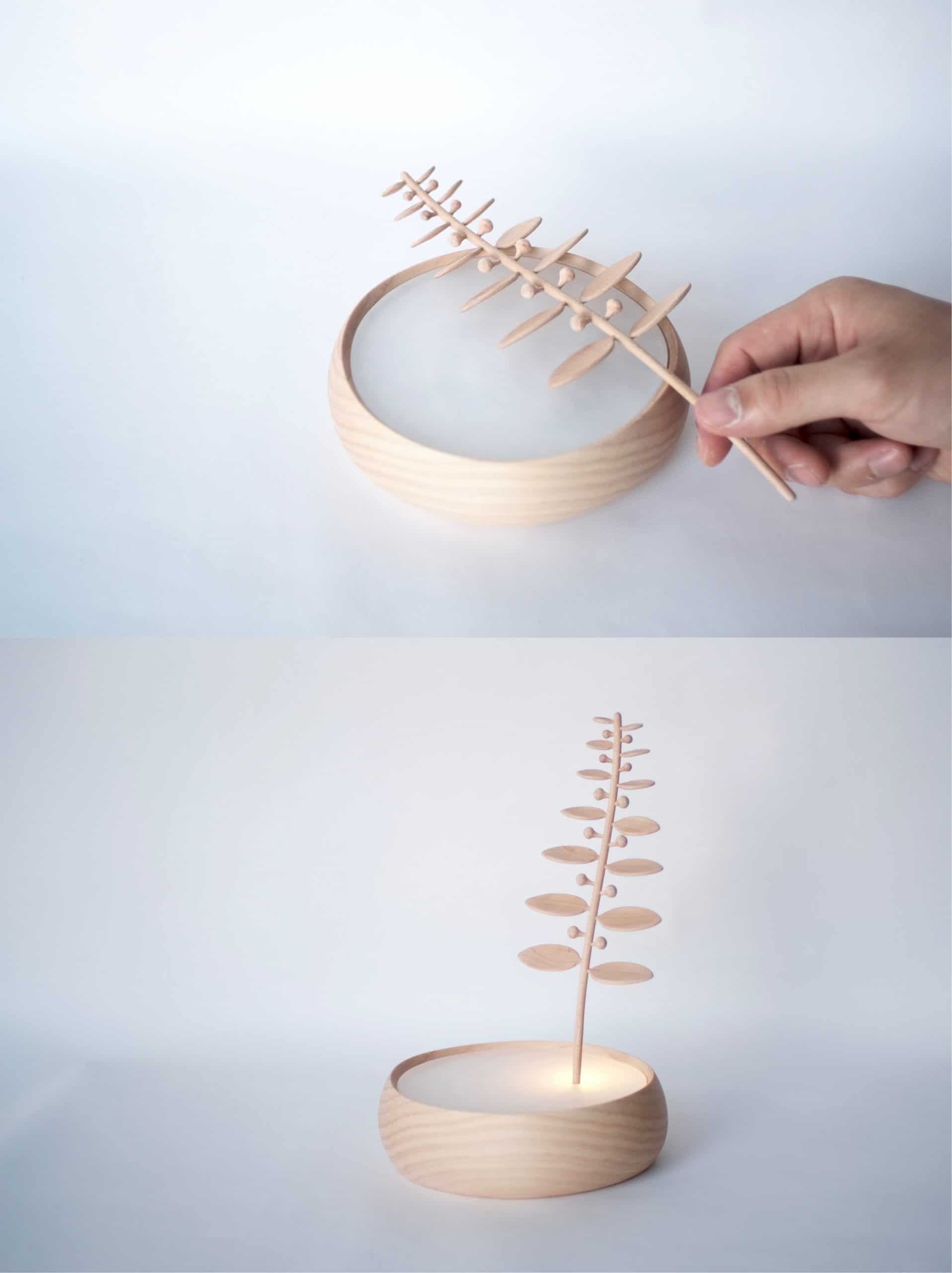 拾植_互動式木質夜燈_圖片提供／MoziDozen木子到森
木作＋燈具，電燈開關和木頭的結合就像是解謎的過程