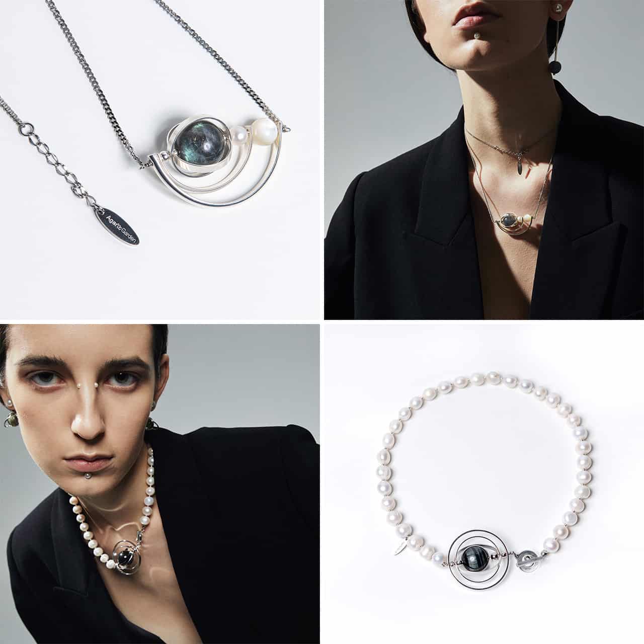 海潮拉長石珍珠項鍊、黑潮土星環珍珠項鍊_圖片提供/Agaric Garden